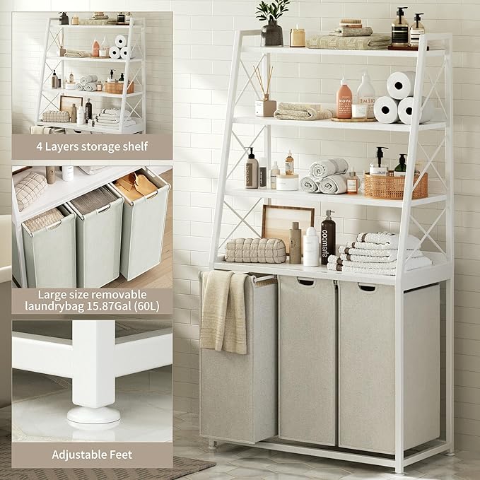 Herture Laundry Basket, 3 Section Laundry Hamper with 4 Tiers Shelf, Pull-Out and Removable Laundry Bags, Large 3 x 15.87 Gallons, for Laundry Room Bathroom White PF05XLW