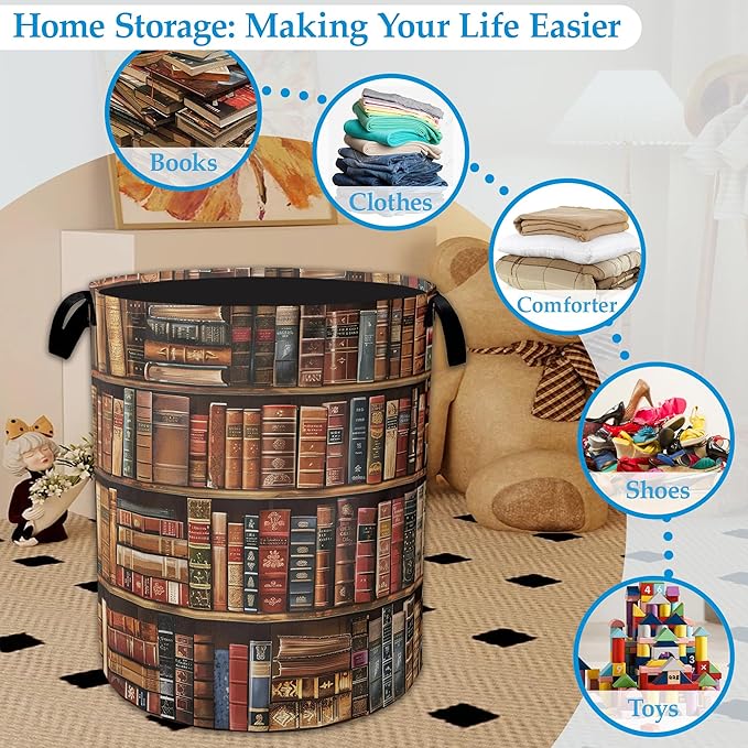 Retro Wooden Book shelf Laundry Basket Collapsible Laundry Hamper, Oxford Cloth Storage Bin for Room/Bathroom/Bedroom/Dormitories 16" X 20.8"