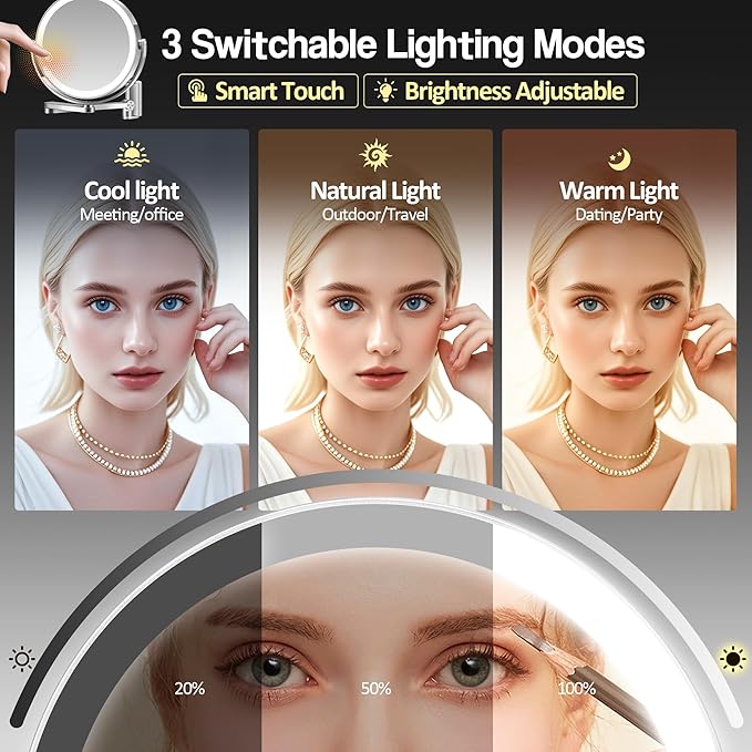 MOMOKUBA Wall Mounted Makeup Mirror, Aluminum Alloy Magnifying Mirror with Light 20X/1X Double-Sided, Height Adjustable, 3 Colors Led Vanity Mirror with Lights, Moisture & Corrosion Resistant Bathroom