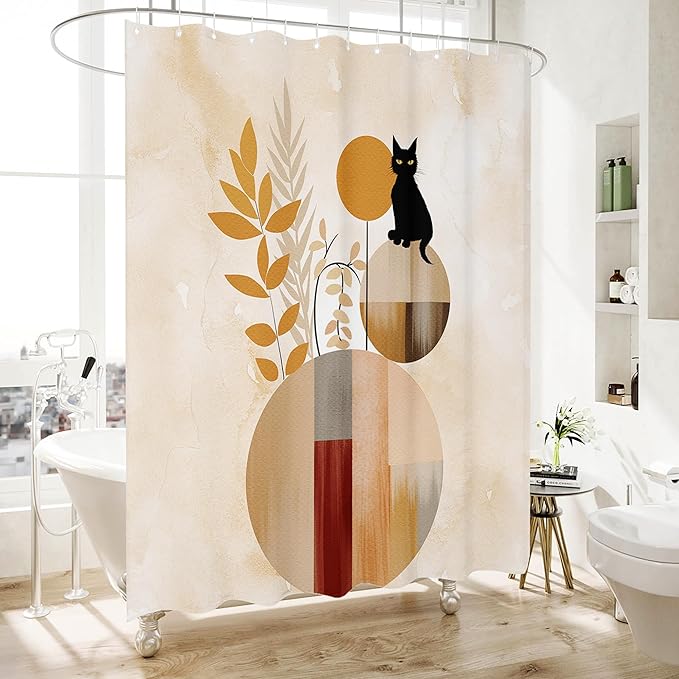 HMS Happy Memories Bohemian Plant Boho Floral Print Shower Curtain, Polyester Fabric Cloth for Bathroom Decor 72×72 Inch Standard Size with 12 Hooks, Also as Room Divider (Leaf Cat)