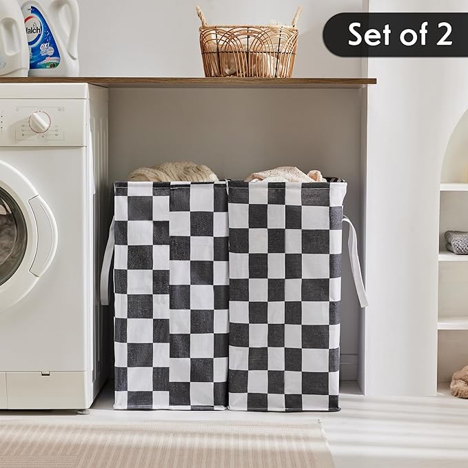 Ohocut Checkered Laundry Hamper, Pack of 2, Large Black White Aesthetic Collapsible Cloth Hampers Basket for Storage Organization Cute Race Cars Boy Room Decor, 2 x 75L