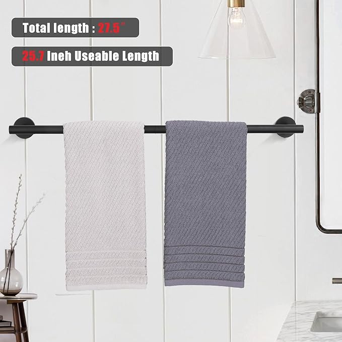 TURS Bath Towel Bar 27.6 Inch Towel Rack Stainless Steel Round Towel Holder Matte Black Wall Mounted