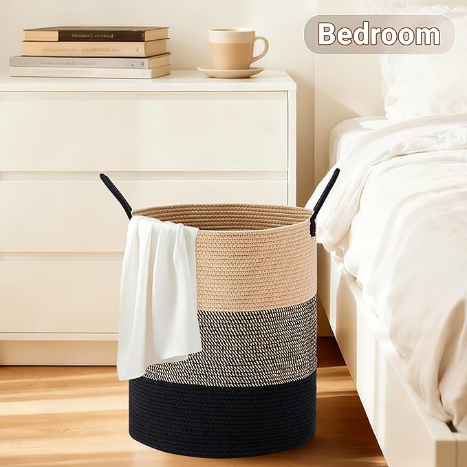 Tall Laundry Basket with Handles, 58L Portable Dirty Clothes Hamper, Boho Cotton Rope Storage Bin for Blankets Kids Toys Gifts, Decorative Organizer for Nursery Bedroom Bathroom, Brown & Black