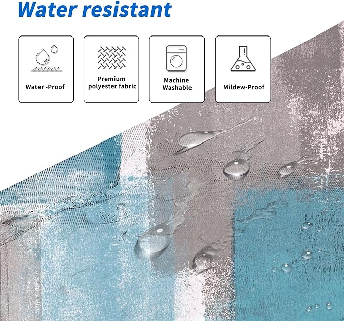 Lnond 4Pcs Bathroom Shower Curtain Sets with Rugs,Sky Blue and Grey White Abstract Painting Bathroom Sets with Shower Curtain and Rugs and Accessories