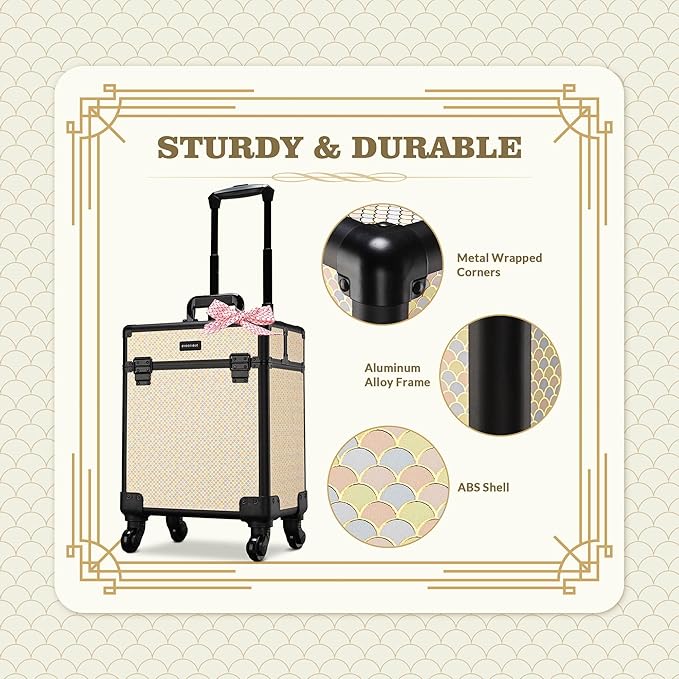BYOOTIQUE Rolling Makeup Train Case on Wheels Cosmetic Trolley Art Deco Pastel