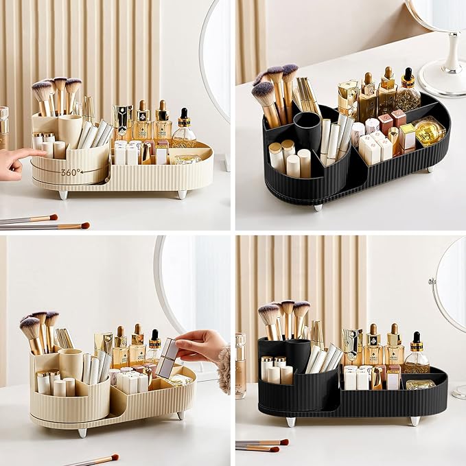 DASITON Large Capacity Makeup Brush Holder,360?? Rotating Makeup Organizer,5 Slot Makeup Brushes Cup,for Vanity Decor,Bathroom Countertops,Desk Storage Container,Cosmetic Display cases(Cream-S)