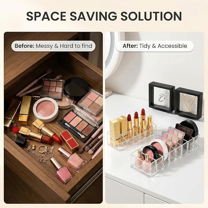 Clear Acrylic Makeup Organizer Set, 12 Spaces Lipstick Lipgloss Holder & 8 Slots Compact Eyeshadow Powder Blush Highlighter Organizer