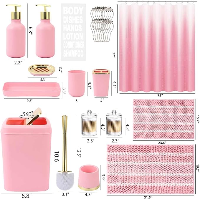 XLHOMO 25PCS Pink Bathroom Accessories Sets Complete, with Shower Curtain, Rugs, Trash Can and Toilet Brush, Toothbrush Holder and Cup, Soap Dispenser, Soap Dish, Qtip Holder, Bathroom Decor Sets