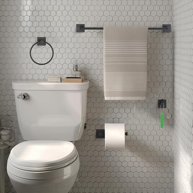 Bathroom Accessories Set Matte Black Towel bar Set, 4 piece Towel Rack Set Towel bar for Bathroom wall Mounted Durable 24 inch Towel bar Robe Hook Towel Ring Toilet Paper Holder