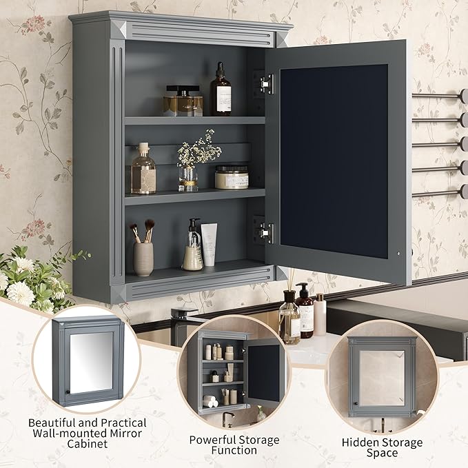 Merax Bathroom Medicine Cabinet with Mirror Door & Adjustable Shelves, 24" x 28" Wall Mounted Storage Cabinet with Mirror, Over The Toilet Wall Cabinet