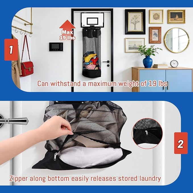 Over the Door Basketball Laundry Hamper, 2-in-1 Wooden Sports Laundry Basket with Basketball Hoop & Bottom Zipper, Adjustable Hanging Clothes Hamper for Kids Teens Bedroom Dorm Bathroom