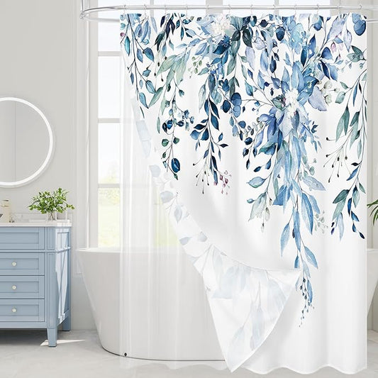 Gibelle 3 in 1 Shower Curtain Set, 72x72 Blue Eucalyptus Bath Curtain and PEVA Liner Set with 12 Metal Hooks, Waterproof Fabric Bathroom Curtain