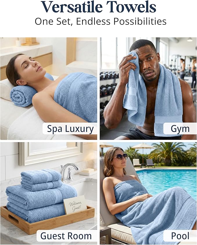 LANE LINEN 100% Cotton Premium Bathroom Towels Set - 16 Pieces - Ring Spun, Quick Dry, Super Soft & Highly Absorbent - 4 Bath, 8 Washcloths, 4 Hand Towels for Bathroom - Pre Shrunk - Cerulean Blue