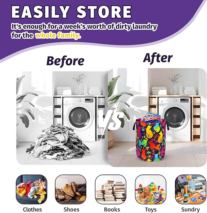 Cute Colorful Cat Laundry Basket Foldable Oxford Cloth With Handle Portable Neon Storage Basket Organizer Suitable For Laundry Room/Bedroom/Living Room/Children'S Room (18.9 X 16.5 Inch)
