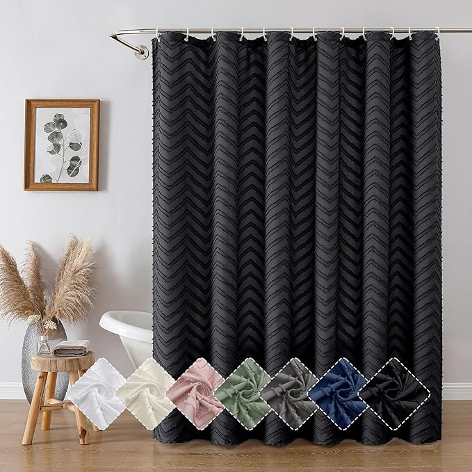 OVZME Black Boho Bathroom Shower Curtain 72 Inch Length, Tufted Chevron Striped Textured Cloth, Modern Farmhouse Washable Shower Curtain for Bathroom Hotel, 72Wx72L Inches