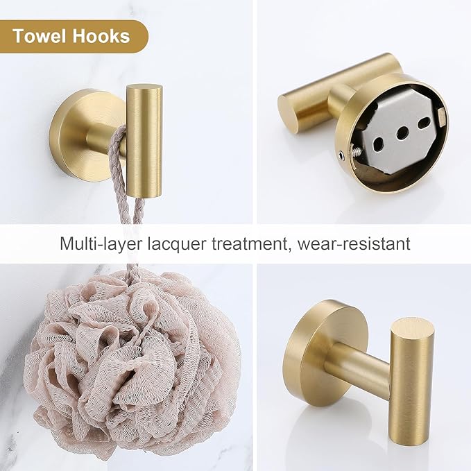 Lairuier 5 Pieces Brushed Gold Bathroom Accessories Set, 23.6 Inch Bath Towel Bar Set, SUS304 Stainless Steel Bathroom Hardware Set Round Toilet Paper Holder Set Wall Mounted