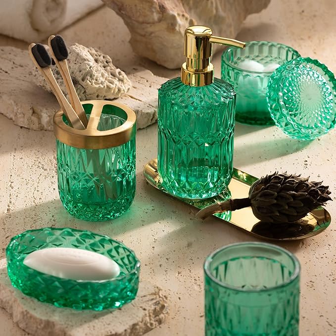 EMPO 6PCS Bathroom Clear Glass Accessories Set (Lotion Soap Dispenser, Soap Dish, Toothbrush Holder, Tumbler, Cotton Swab Jar), Contemporary Modern Decor Crystal Vintage Gift (6pcs Vintage Jade)