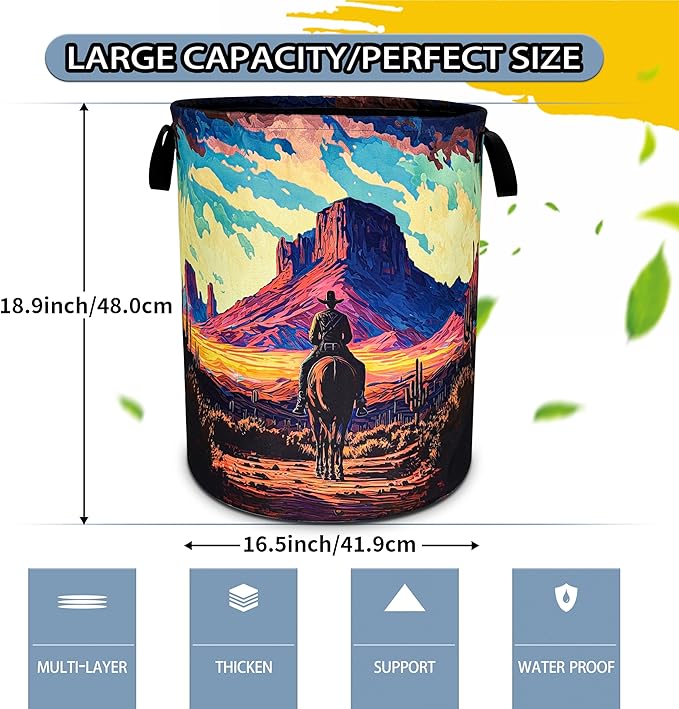 NUTAINLA Western Cowboy Laundry Basket Desert Mountains Foldable Oxford Cloth Funny Tote Bag Laundry Hamper Clothes Storage Bucket Toy Organizer For Bathroom/Laundry Storage/Bedroom 18.9x16.5 Inch