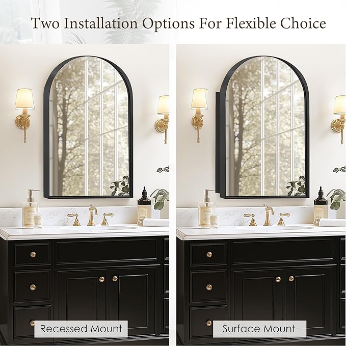 SogesHome Arched Medicine Cabinet with Mirror, 24"x36" Modern Recessed Mirror Cabinet, Wall Mount Decro Vanity Mirror with Storage with 2 Shelves Perfect for Bathroom, Black
