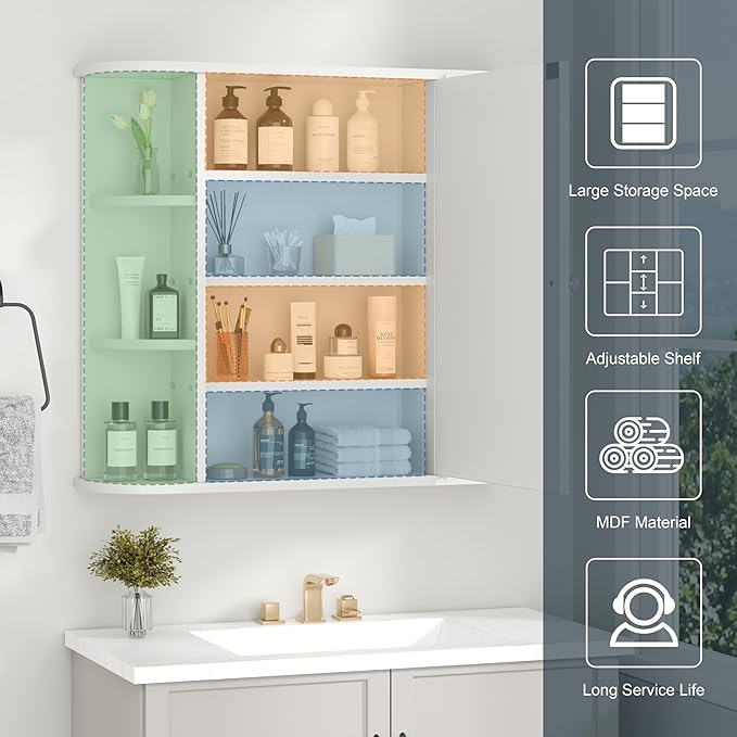 DL-win Bathroom Medicine Cabinet with Mirror, Wall Mounted Home Storage with Door, Over The Toilet Space Saver Storage Cabinet, Bathroom Cabinet Wall Mounted, White