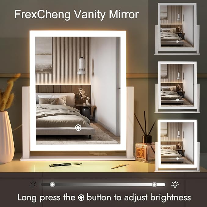 Lighted Makeup Mirror, Hollywood Vanity Mirror with Lights, Three Color Lighting Modes, Smart Touch Control, Rotation, Desk Makeup Mirror for Desks Bedroom Dorm Dressing Room (9.48"x11.81")