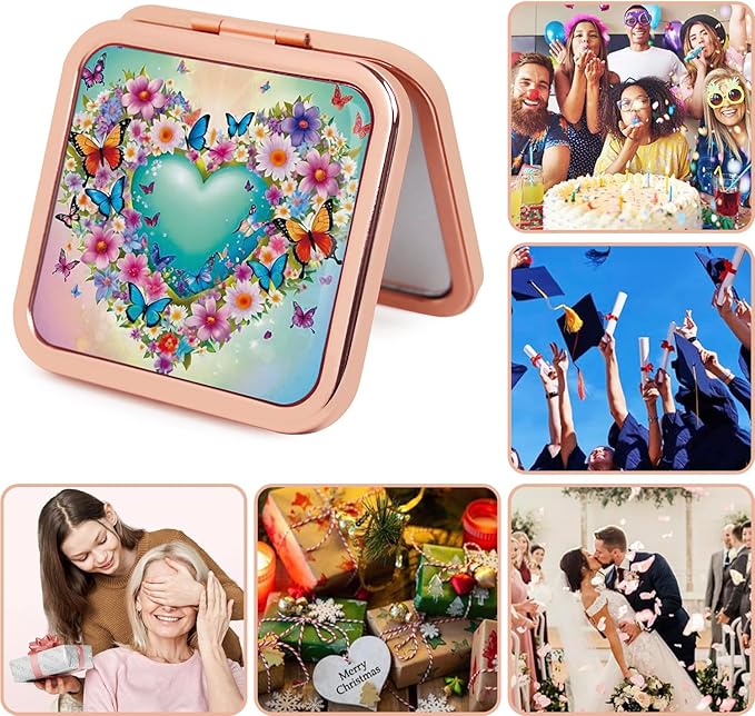 Small Compact Mirror, 1x/2x Travel Magnifying Mirror, 2-Sided Handheld Portable Folding Mirror, Mini Makeup Mirror for Purse, Pocket, Gifts, Square Rose Gold
