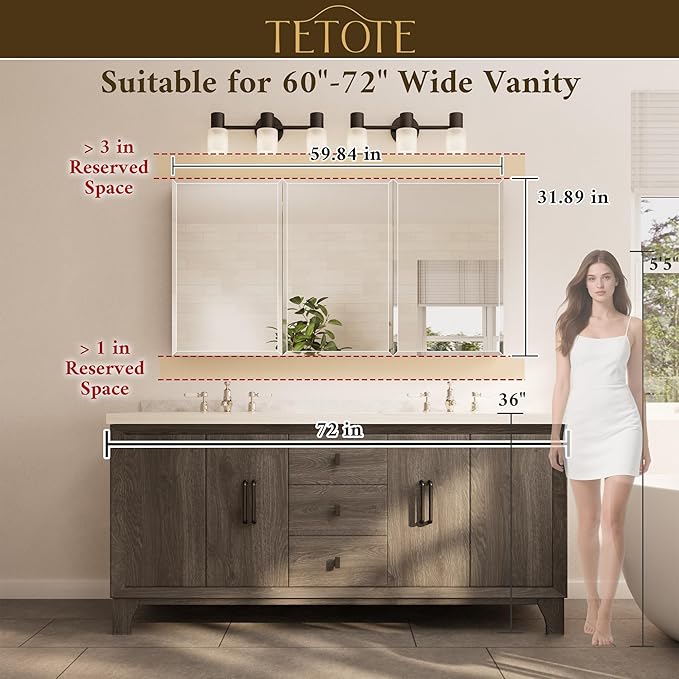 TETOTE 60 x 32 Medicine Cabinet with Tempered Beveled Mirror Black Aluminum Cabinet DTC Hinges, Stepless Adjustable Shelves, Recessed/Surface-Mounted