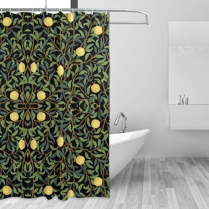 Vintage Botanical Shower Curtain William Morris Designs Green Jungle Fruit Print Shower Curtain Set Polyester Interior Waterproof Shower Curtain with 12 Hooks 72x72 Inches(183x183cm)