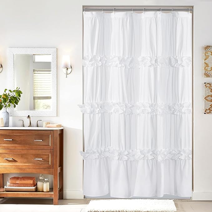 Ruffle Stall Shower Curtain, Vintage Handcrafted Bow Tie Bath Curtain for Master Bathroom, Ruched Microfiber Bathroom Curtain with 8 Buttonholes, 48" W x 72" H, White (LQ-10)