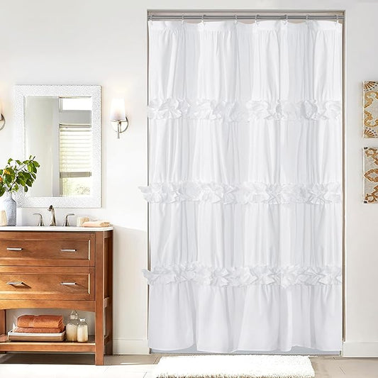 Ruffle Stall Shower Curtain, Vintage Handcrafted Bow Tie Bath Curtain for Master Bathroom, Ruched Microfiber Bathroom Curtain with 8 Buttonholes, 48" W x 72" H, White (LQ-10)