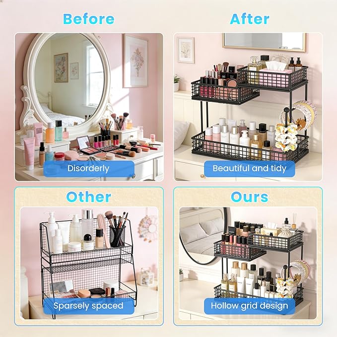 Makeup Organizer Countertop for Vanity, 3 Tier Metal Bathroom Countertop Organizers Skincare Storage Holder Perfume Cosmetic Display, Multi-Use Storage Rack for Bathroom, Kitchen & Bedroom (Black)
