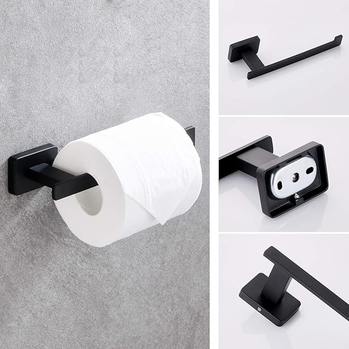 GERUIKE 4 Piece Bathroom Hardware Accessories Set,Matt Black Stainless Steel Towel Bar Sets Wall Mounted - Includes 16" Towel Bar, Square Towel Ring, Toilet Paper Holder, Robe Towel Hook