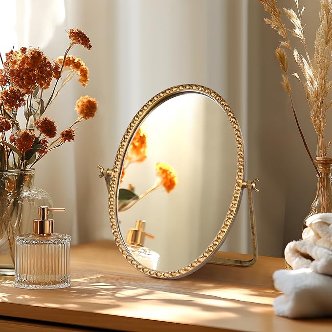 Vintage Desk Makeup Mirror, 12" L x 7.9" W Antique Gold Vanity Table Mirrors, Metal Framed Oval Small Standing Mirrors with Beaded, 360 Adjustable Rotation for Tabletop, Bedroom