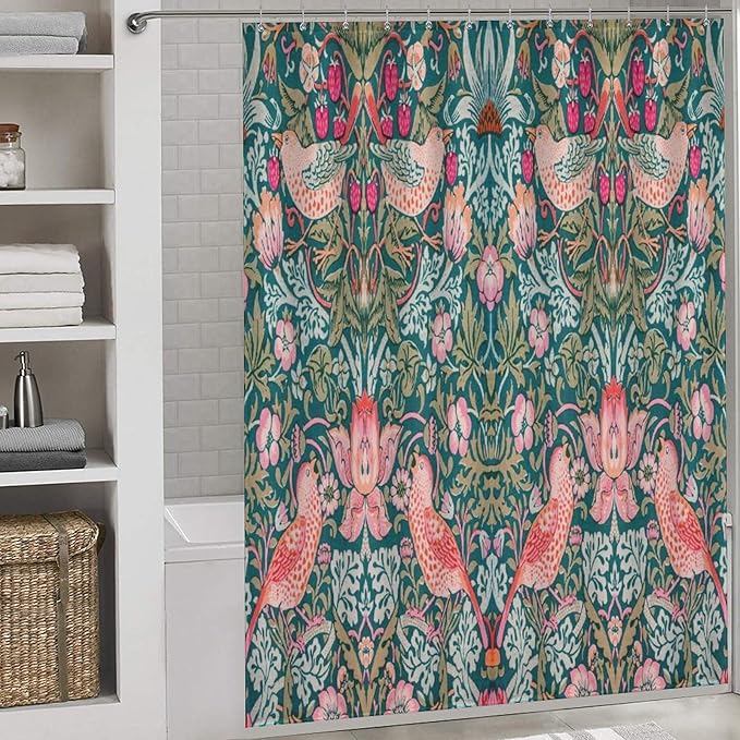 William Morris Shower Curtain,Original Design Vintage Flower Birds Strawberry Thief Pattern Print Shower Curtains Sets Polyester Waterproof Fabric Decor Bathroom Curtain 72"×72" Inch With 12 Hooks