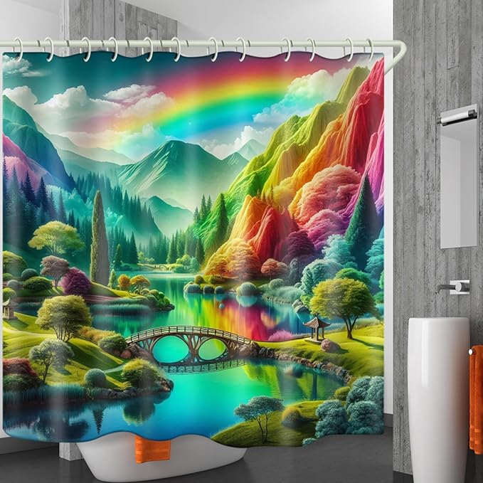 Shower Curtains, Colorful Mountain Theme Design Art Shower Curtains, Bathroom Decoration Set, 12 Shower Curtain Hooks (72 "Wx72 L) Inch Waterproof Shower Curtain.