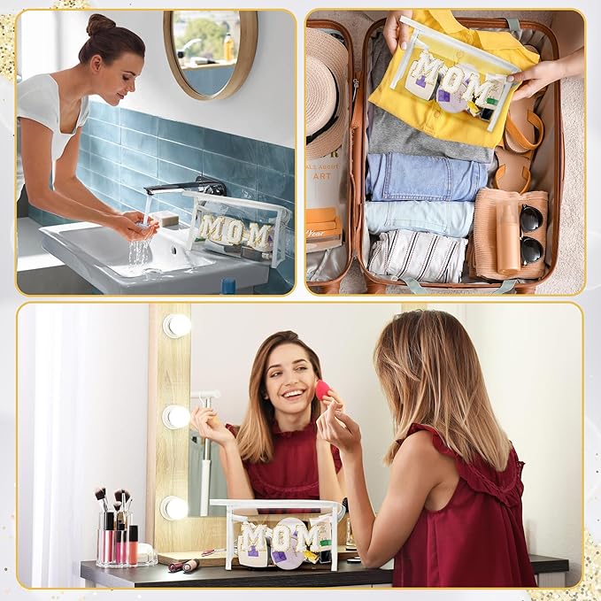 CY2SIDE MOM Clear Makeup Bag - White MOM Letter Patch Cosmetic Bag with Handle for Travel PVC Zipper Clear Travel Bag for Toiletries Waterproof Portable Travel Organizer Case Mother's Day Gift for Mom