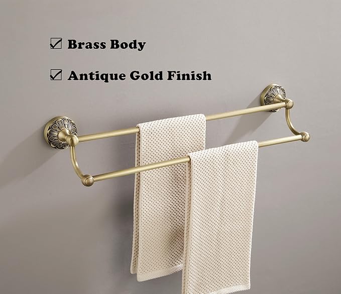 Antique Brass Double Towel Bar, 24 inch Bath Towel Holder Wall Mount, Vintage Gold Decorative Bathroom Accessories, Brass Petal-Relief Series