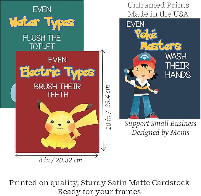 Silly Goose Gifts Even Electric Types Brush Teeth Take A Bath Wash Hands Bathroom Wall Art Decor Prints Reminder Sign (Set of Four) Pocket Monster