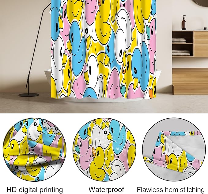 Lnond 4 Pcs Kids Bathroom Shower Curtain Set, Colorful Duck Bathroom Sets for Kids Bathroom Decoration with Shower Curtain, Non Slip Bathroom Rugs, Toilet Lid Cover, U Toilet Mat and 12 Hooks