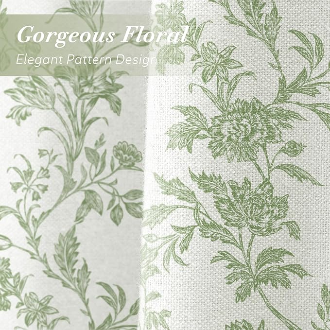 Sage Green Floral Shower Curtain,Vintage Cotton Cottagecore Shower Curtains for Bathroom, 60" W x 72" L