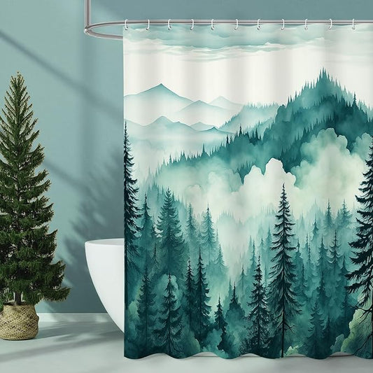 Teal Blue Misty Pine Forest Shower Curtain, Mountain Foggy Woodland Scenery Tree Shower Curtains for Chic Rustic Bathroom, Turquoise Abstract Waterproof Nature-Themed Decor, 72x72 Inches