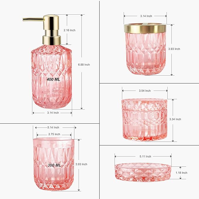 LaMarriti 5pcs Pink Bathroom Accessories Set, Crystal Clear Glass Bathroom Set, Soap Dispenser, Toothbrush Holder Set, Soap Dish, Tumbler, Qtips Holder, Modern Bathroom Decor, Gift Set