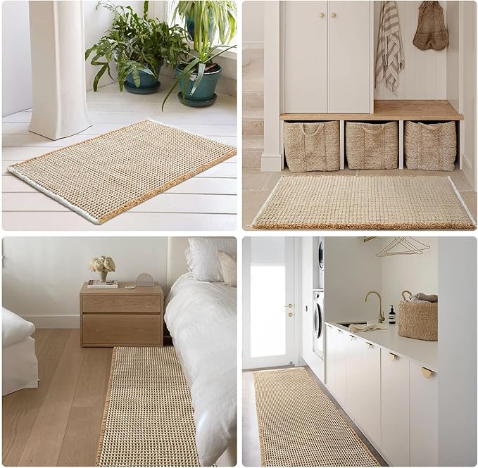 Waffle Runner Rug Bathroom, Long Boho Bathroom Rugs Non Slip Washable Super Absorbent Quick Dry Farmhouse Bath Decor, 60"x24" Khaki and White