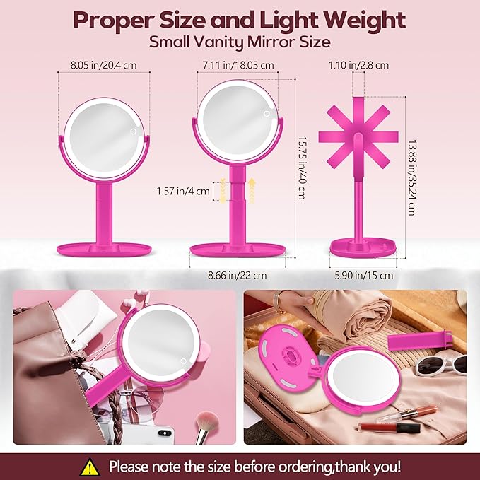 MOMOKUBA Makeup Mirror with Lights, 30X Magnifying & Height Adjustable, Lighted Magnifying Mirror with 3 Light Modes and Stepless Dimming, Vanity Mirrors for Bathroom, Birthday Gift for Women, Hotpink