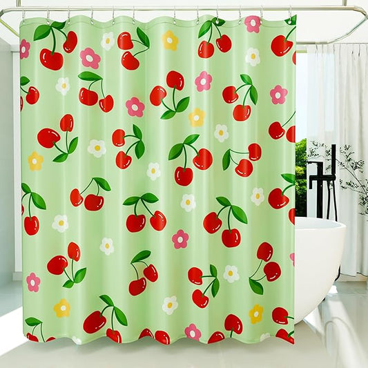 Anybar Fabric Shower Curtain Cute Floral Cherry Curtains Waterproof Soft Polyester Bathroom Curtain- Decor Washable Privacy Cloth Extra Long Shower Curtain for Bathroom (72x84inch) Green