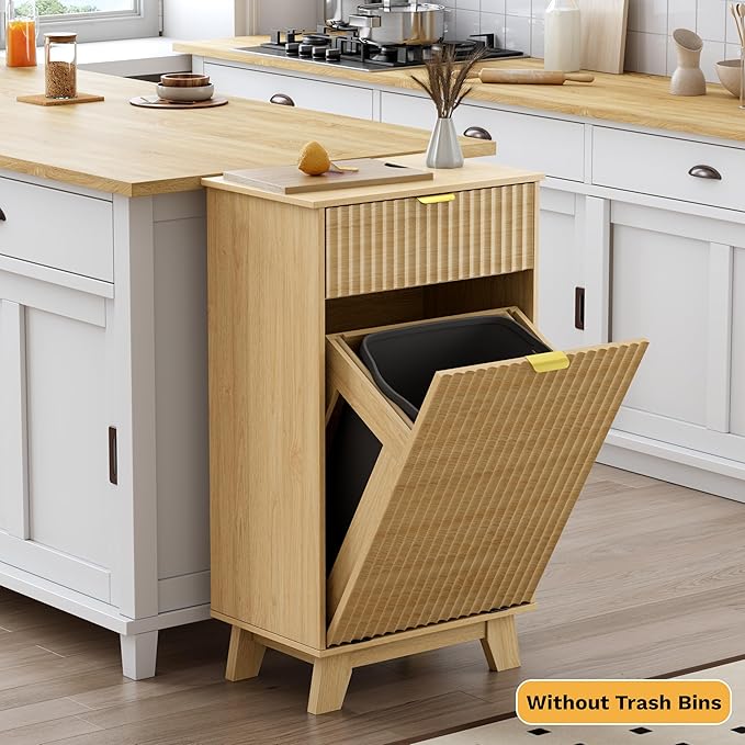 Double Tilt Out Laundry Hamper Cabinet, 20 Gallon Wooden Trash Can Cabinet with Storage Drawers, Hidden Fluted Garbage Can Holder for Kitchen, Living Room (Natural Wood, 20.47"W x 35.83"H x 13"D)