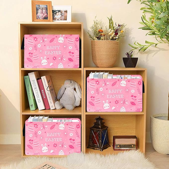 Easter Storage Basket Eggs Bunny Flower Gifts Cube Kids Waterproof Storage Bins Organizer,Foldable Closet Shelf Baskets with handles for Women,Nursery Hamper Toys Box,Room Decorations