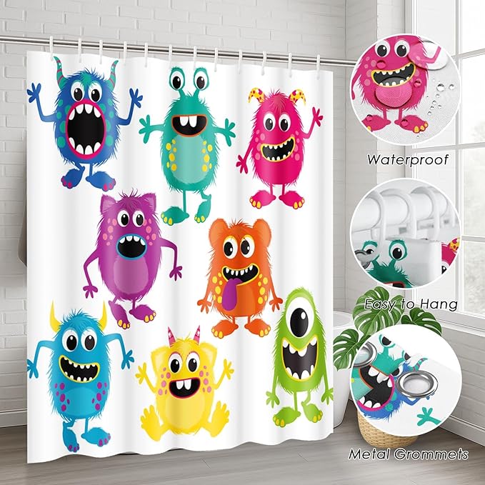 ArtSocket Monsters Bathroom Set with Shower Curtain and Rugs Accessories, Cute Kids Funny Animal Shower Curtain, Kids Bathroom Decor 4 Pcs