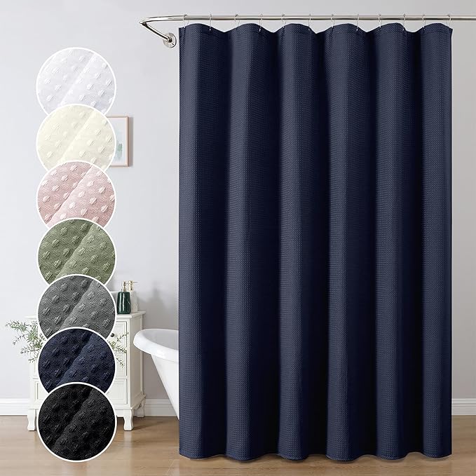 OWENIE Navy Blue Shower Curtain 96 Inch Extra Long, Waffle Weave Textured Fabric Bathroom Curtains, Water Repellent Thick Soft Hotel Spa Luxury Elegant Bath Curtain, Machine Washable, 72x96 Inch
