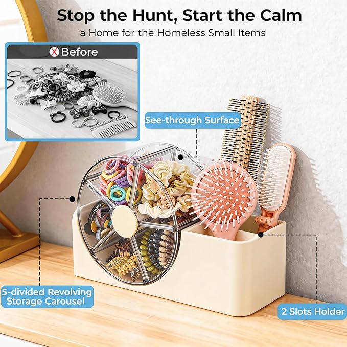 Hair Accessories Organizer with 5-Section Rotating Case | 2-Slot Comb & Hair Brush Holder | Cute Bathroom Vanity Caddy for Hair Tiles, Clips, Scrunchies, Other Accessories | Girls Vanity Décor (Cream)